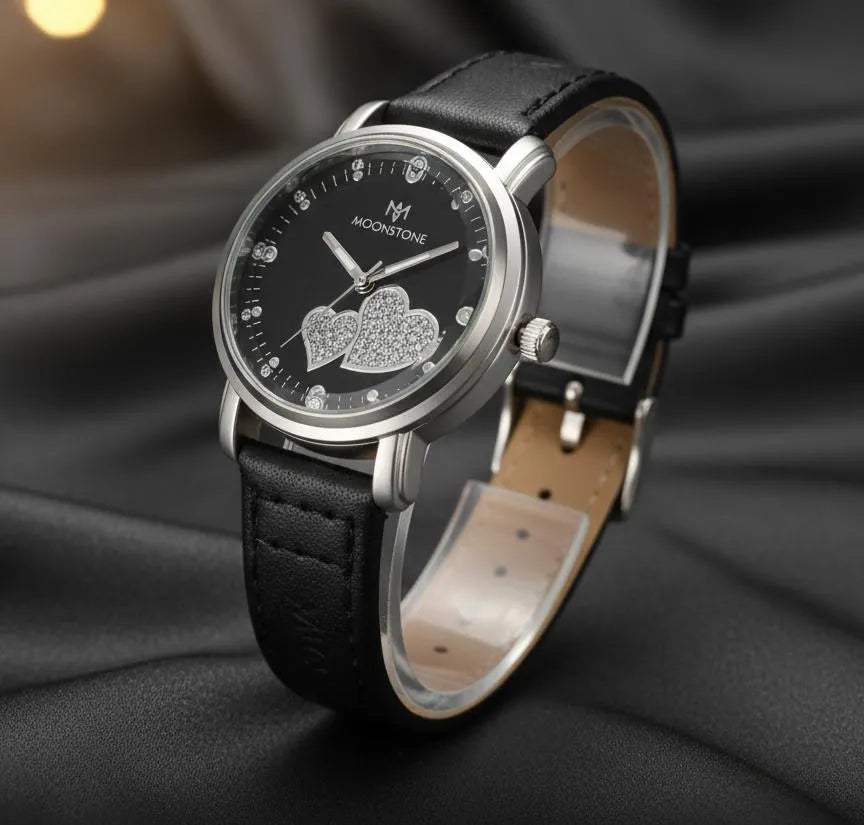 Ladies Black Heart Dial Leather Watch