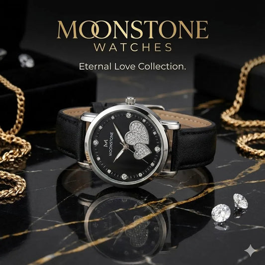 Ladies Black Heart Dial Leather Watch