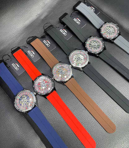 Men's Roulette Dial Quartz Watch with Silicone Strap - Blue, Black, Brown