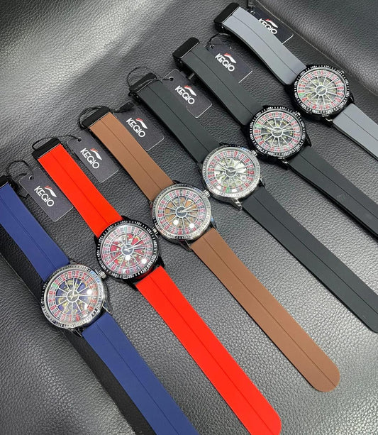 Men's Roulette Dial Quartz Watch with Silicone Strap - Blue, Black, Brown