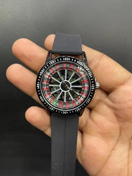 Men's Roulette Dial Quartz Watch with Silicone Strap - Blue, Black, Brown