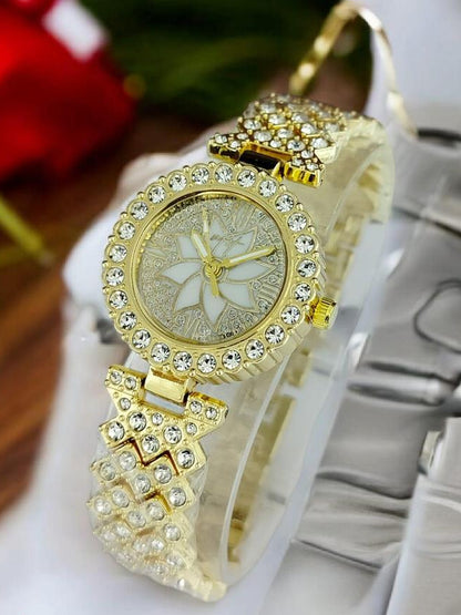 Women Golden Beads Chain Strap Watch Stainless Steel Round Dial