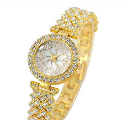 Women Golden Beads Chain Strap Watch Stainless Steel Round Dial