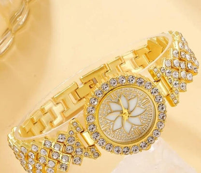 Women Golden Beads Chain Strap Watch Stainless Steel Round Dial