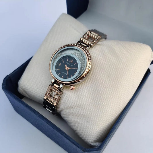 Women Quartz Watch with Crystal Bezel and Rose Gold Bracelet