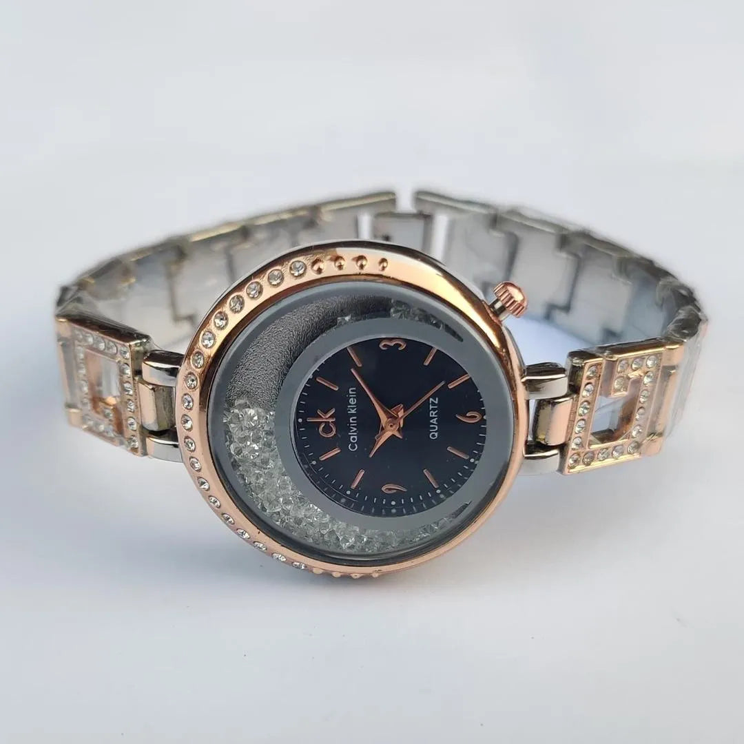 Women Quartz Watch with Crystal Bezel and Rose Gold Bracelet