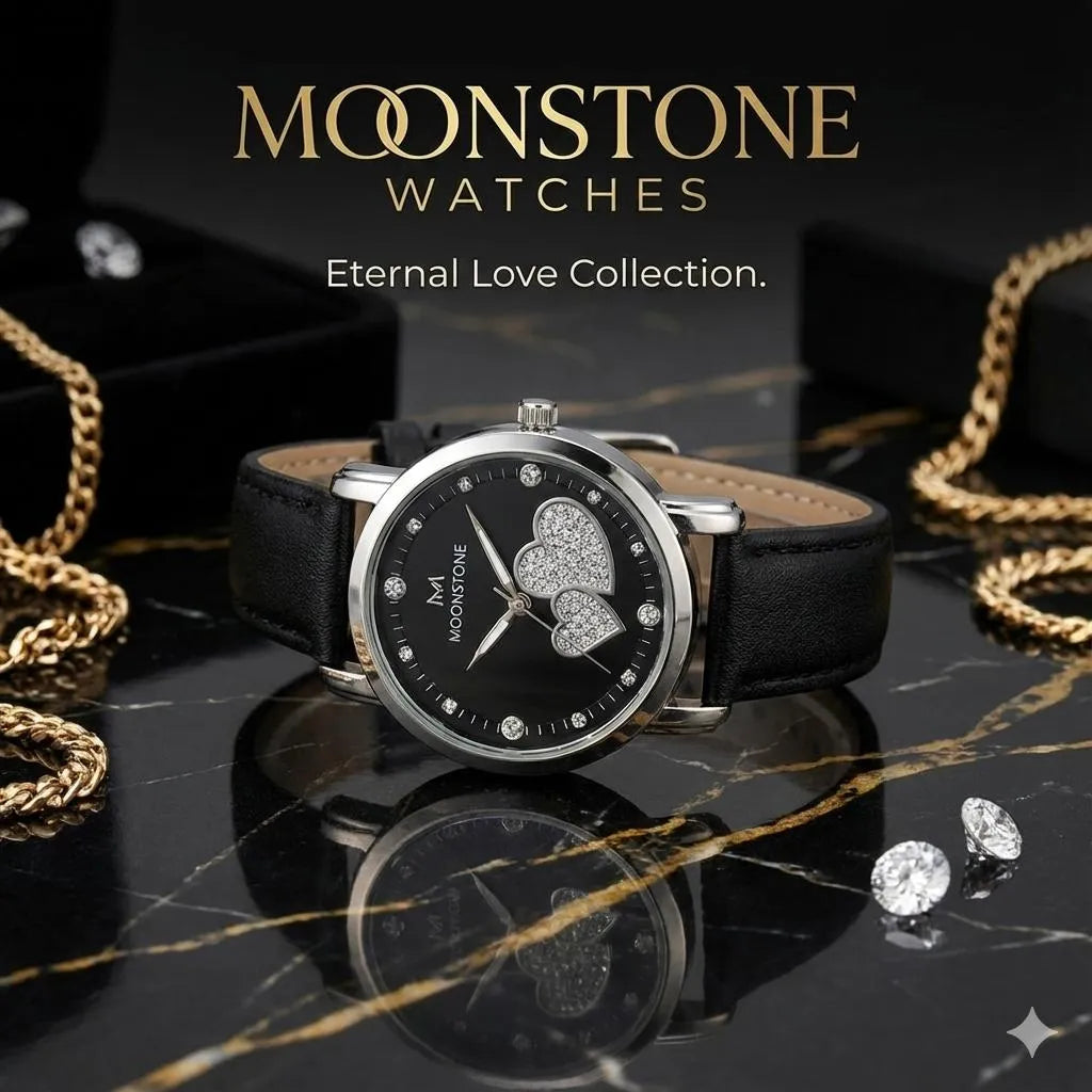 Ladies Black Heart Dial Leather Watch